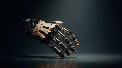 A futuristic robotic hand on dark background, advanced technology. Robots, cyborgs, innovations. Copy space banner