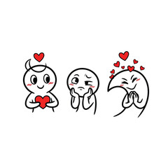 Cute cartoon characters with heart emojis expressing love and emotions isolated on