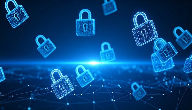 Glowing blue padlocks in digital space symbolizing cybersecurity encryption and secure data networks - Powered by Adobe
