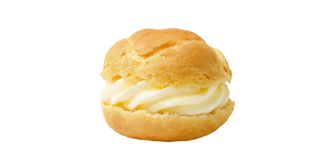 A Delicious Golden Brown Cream Puff Pastry Filled with a Generous Swirl of Sweet Vanilla Custard Cream Isolated on a Transparent Background