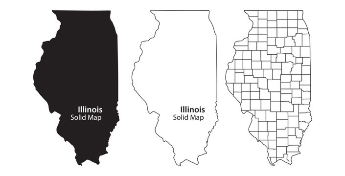 Three styles of illinois state maps including solid filled black solid outline and county divided grid lines on white background with vector illustration