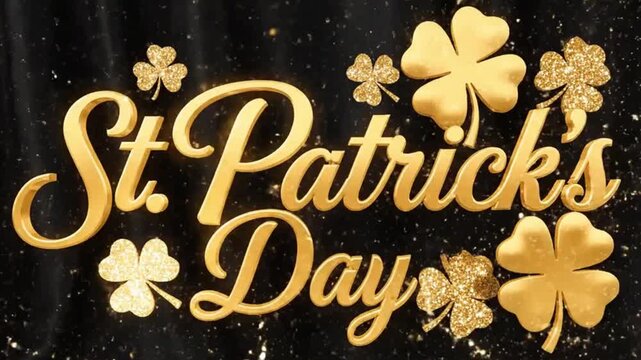 Golden st patricks day text with shamrocks on black background