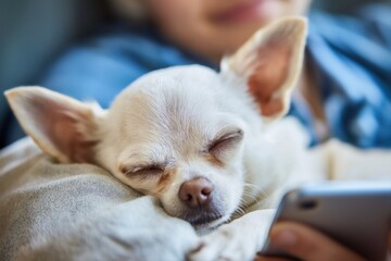 Close-up of a Sleeping Chihuahua Cuddled by Its Owner