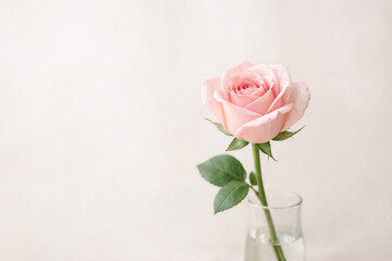 Pastel pink rose in a vase against white background. Minimalist greeting card. VAlentines day, birthday, anniversary, mother's day.