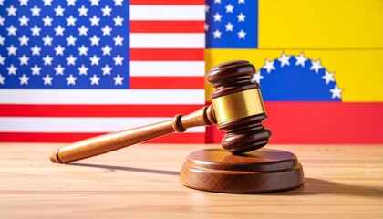 Gavel with US and Venezuela flags symbolizing international justice and bilateral legal relations