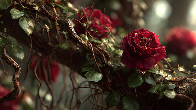 blood red roses on a curly vine, ivy. thorns and green leaves. dry curly branches. toxic relationship.