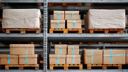 Numerous packages and wrapped cargo sit stacked on wooden pallets within industrial shelving units