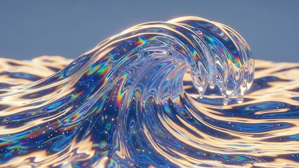 Holographic wave cresting with iridescent colors against blue background
