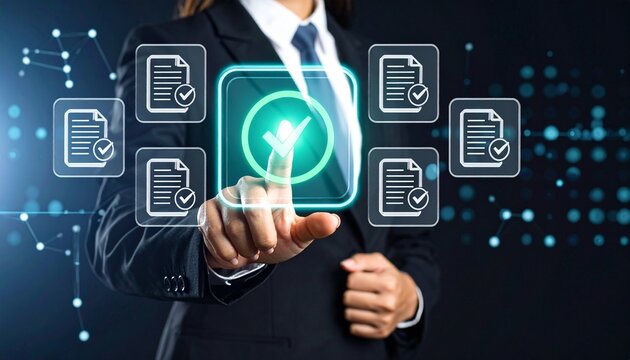 Businessman taps digital screen with green checkmark for approval and document access - Powered by Adobe