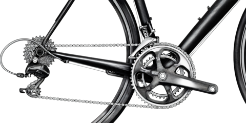 A Detailed Black and White Engraving of a Road Bicycle Drivetrain Showing the Crankset Chain and Derailleur System on a Transparent Background.