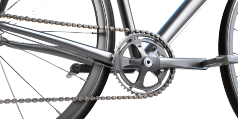 A Detailed Close Up View of a Modern Bicycle Drivetrain Featuring the Chain Crankset Pedal and Frame with a Transparent Background