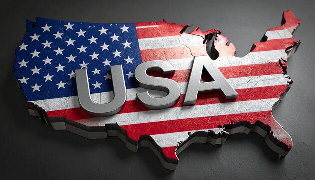 3D US map styled with flag and metallic USA text symbolizing national pride and identity - Powered by Adobe