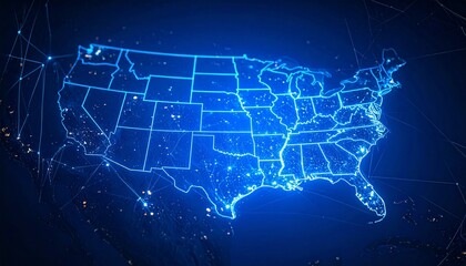 Glowing digital map of USA with bright blue state outlines and scattered data nodes