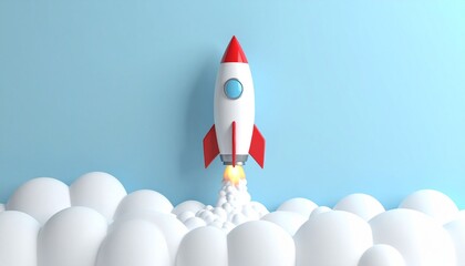 Cartoon rocket launching with smoke, stars, and tiny spaceship on soft orange background