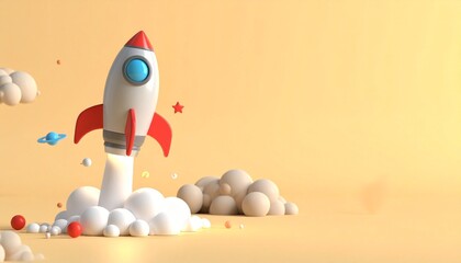 Cartoon rocket launching with smoke, stars, and tiny spaceship on soft orange background