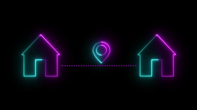 Home location icon animation glowing neon pink and blue color pointer position address track sign symbol on black background. abstract gps navigation house pointer symbol. 4k rendering video.