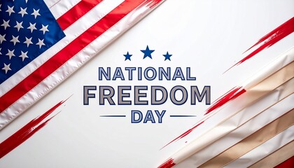 Diagonal U.S. flag design with bold “National Freedom Day” text and stars, symbolizing liberty.