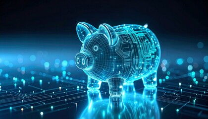 Futuristic digital piggy bank glowing with circuit patterns in a tech-themed environment.