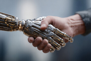 Human and robot shake hands, technological progress, innovation, cyberpunk future.Artificial suicide. Blend of technology into real life