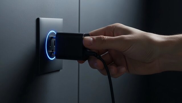 A hand plugging a black power adapter into a wall outlet with blue light