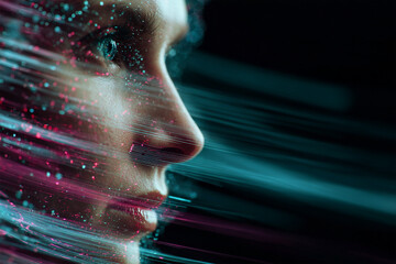 Cyberpunk future concept.side view portrait on woman in neon pixels. ai, robots, innovations concept