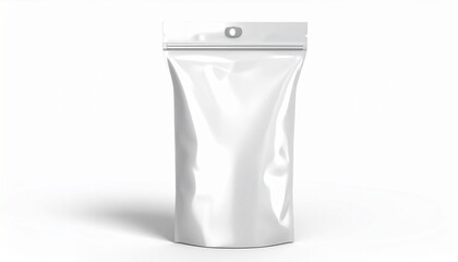 "Plain white stand-up pouch with resealable top on white background"
