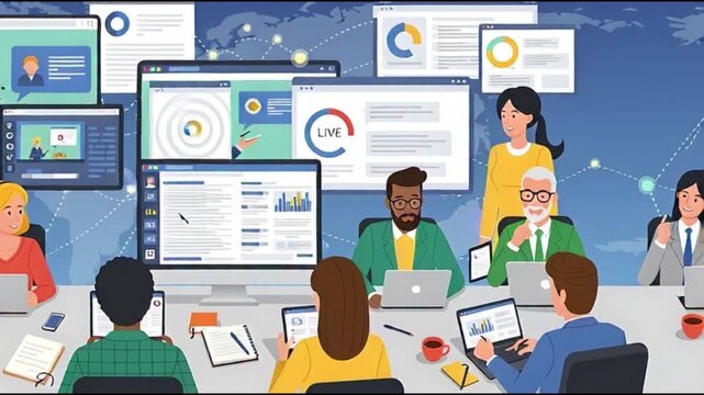 A team of professionals gathered around a conference table analyzing data on multiple screens and discussing insights in a modern office environment from a slightly elevated viewpoint.