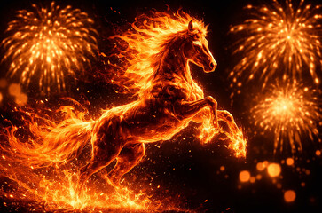 Chinese new year concept. Fire horse on fireworks background. Symbol of 2026 