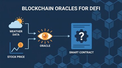 DeFi blockchain oracles connecting weather data and stock prices to smart contracts, vector style, digital finance, financial data integration