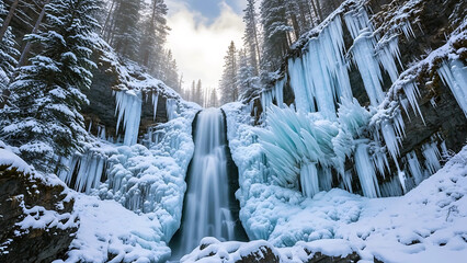 Frozen waterfall surrounded by snowcovered trees and icicles hanging from cliffs in a serene winter forest landscape