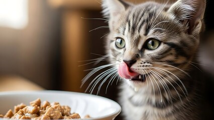 Hungry tabby cat eating from bowl.