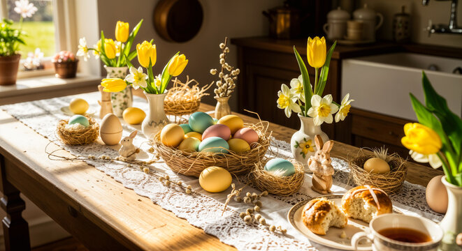 Ostereier in Pastellfarben auf rustikal gedecktem Fr&uuml;hst&uuml;ckstisch mit Tulpen und Narzissen im Fr&uuml;hlingslicht