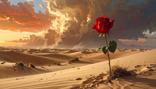 A singular red rose blooms defiantly in a vast desert landscape, beneath a dramatic sky filled with clouds during a sunset