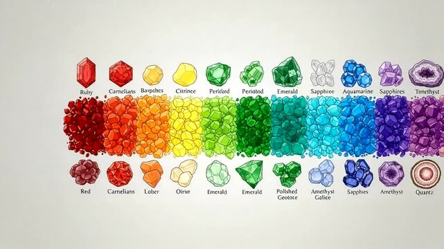 Colorful gemstone collection arranged by hue and type in organized display.
