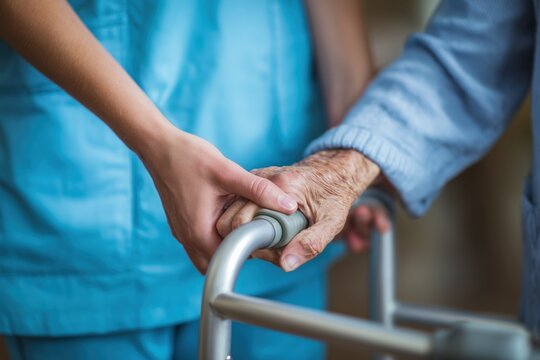 Close-up of a Caregiver's Hand Supporting an Elder's Hand on a Walker - Powered by Adobe