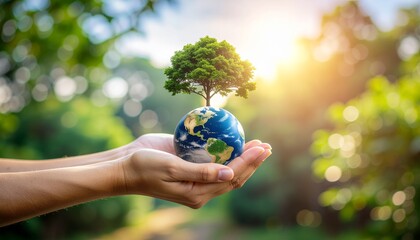 Silhouette of human hands gently holding a small globe with a green sprout growing to symbolize environmental sustainability and Earth Day
