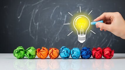 Hand drawing a glowing lightbulb on a dark chalkboard representing a moment of brilliant innovation rising above discarded crumpled paper ideas below