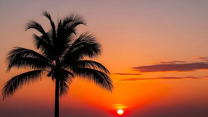 Palm tree at sunset on beach.