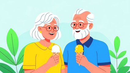 Happy elderly couple enjoying sweet ice cream cones together outdoors suggesting summer leisure and shared moments of pure joy and refreshment