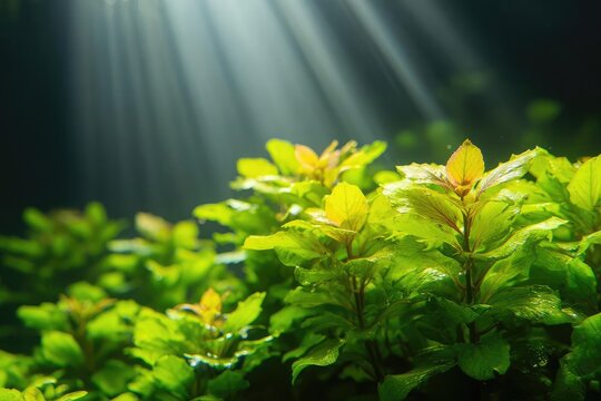 Bright green aquatic plants in an aquarium with sunlight streaming through the water. Concept Bright green aquatic plants, Aquarium lighting, Sunlight streaming underwater
