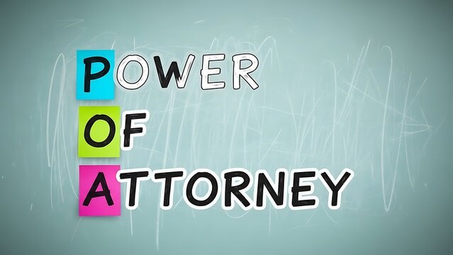 Acronym POA representing power of attorney written vertically on colorful sticky notes against a light blue chalkboard background illustration concept