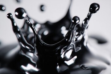 Black ink splash forming a crown-like crest with droplets. Concept Black Ink Splash, Crown Crest, Droplet Motion, Abstract Ink Art, Dynamic Spill