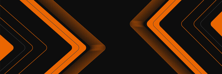 Black abstract wide horizontal banner with orange and gray lines, arrows and angles. Dark modern sporty bright futuristic abstract background. Wide vector illustration EPS10.