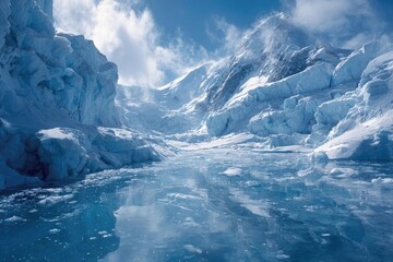 Ice fjord with towering blue glaciers and a calm, reflective icy sea. Concept Arctic Fjord Landscape, Towering Blue Glaciers, Reflective Icy Sea, Serene Polar Light, Iceberg Silhouettes