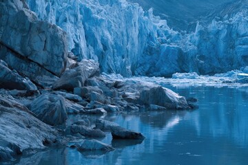 Blue glacier with jagged ice cliffs along a rocky shore and a calm, reflective icy lake. Concept Blue Glacier Landscape, Jagged Ice Cliffs, Rocky Shoreline, Reflective Icy Lake, Arctic Scenery