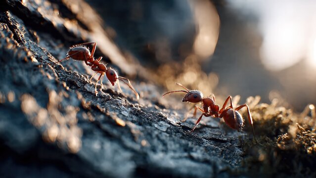 Close-up of two ants communicating in a narrow cave