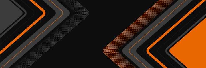 Black wide abstract horizontal banner with gray and orange lines, arrows and angles. Dark modern sporty bright futuristic horizontal abstract background. Wide vector illustration EPS10.