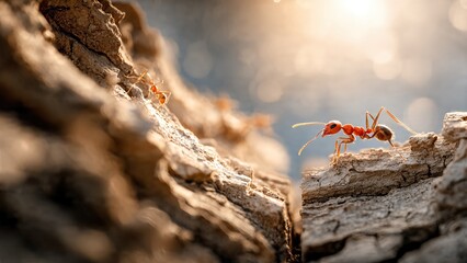 Close-up of two ants communicating in a narrow cave