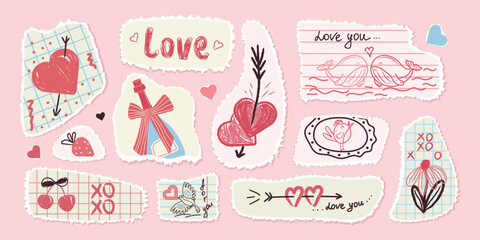 A set of hand-drawn romantic paper stickers for scrapbooking, notebooks, sketchbooks, and more. Vector design.