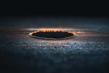 a circular hole in a dark, textured surface with an orange glow around the rim Concept Circular hole, Dark textured surface, Orange rim glow, Rim lighting, Abstract pattern